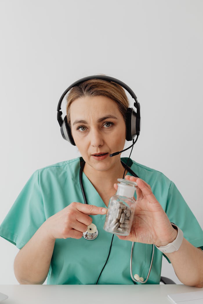 about-us Medical professional in green scrubs holding medicine bottle during online consultation, highlighting telemedicine communication.